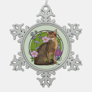 Abyssinian Cat with Beach Roses Snowflake Pewter Christmas Ornament