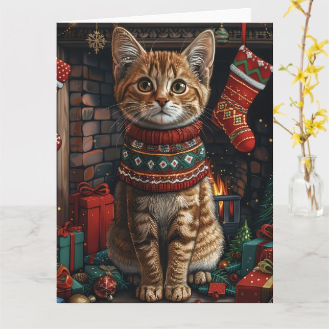 Abyssinian Cat With Christmas Gifts Fireplace Card (Yellow Flower)
