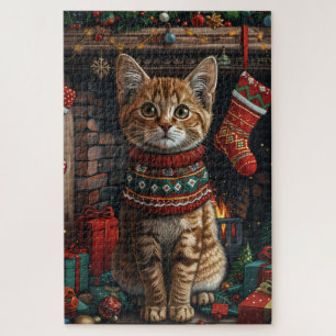 Abyssinian Cat With Christmas Gifts Fireplace Jigsaw Puzzle