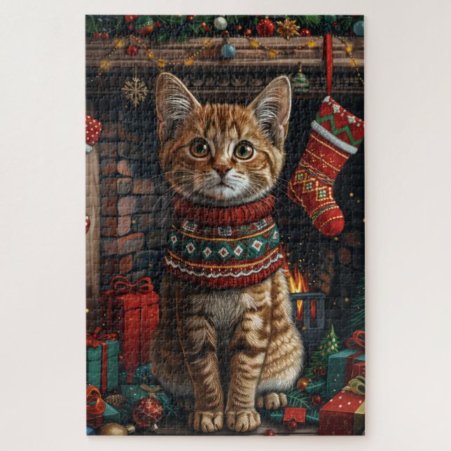 Abyssinian Cat With Christmas Gifts Fireplace Jigsaw Puzzle (Vertical)