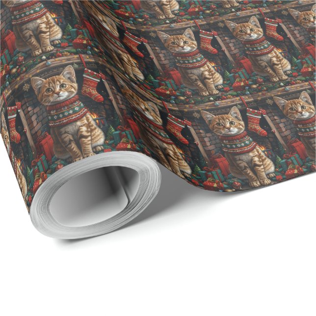 Abyssinian Cat With Christmas Gifts Fireplace Wrapping Paper (Roll Corner)