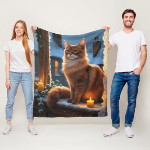 Abyssinian Cat With Christmas Lights Holiday Fleece Blanket