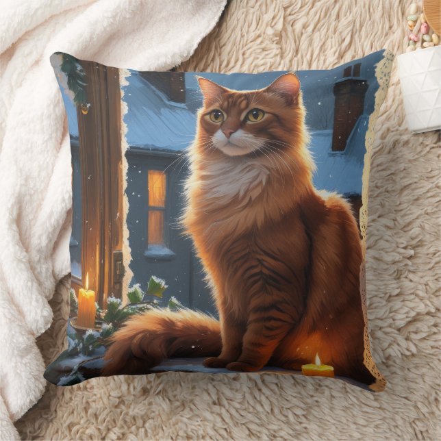 Abyssinian Cat With Christmas Lights Holiday Throw Pillow (Blanket)
