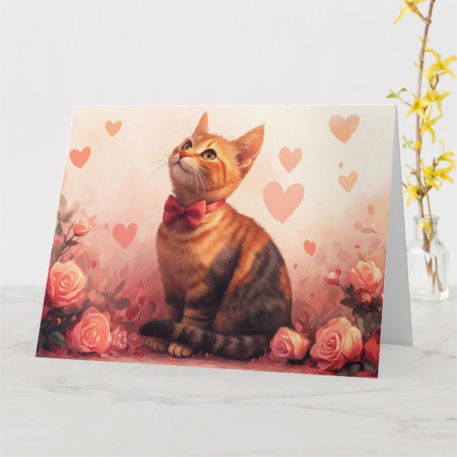 Abyssinian Cat with Roses - Valentine's Day  Card (Yellow Flower)
