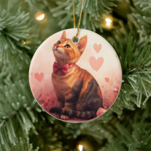 Abyssinian Cat with Roses - Valentine's Day Ceramic Ornament
