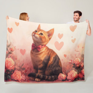Abyssinian Cat with Roses - Valentine's Day Fleece Blanket