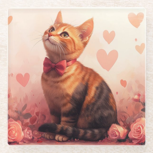 Abyssinian Cat with Roses - Valentine's Day Glass Coaster (Front)