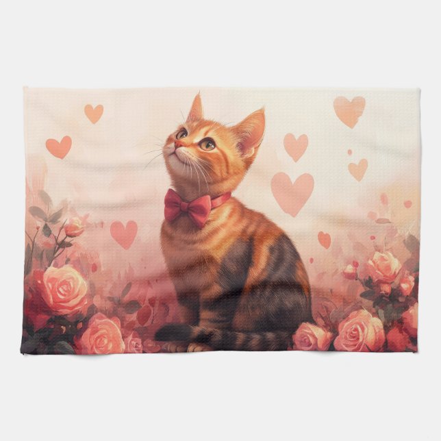 Abyssinian Cat with Roses - Valentine's Day Kitchen Towel (Horizontal)