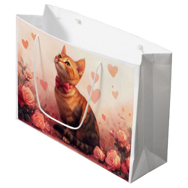 Abyssinian Cat with Roses - Valentine's Day Large Gift Bag (Front Angled)