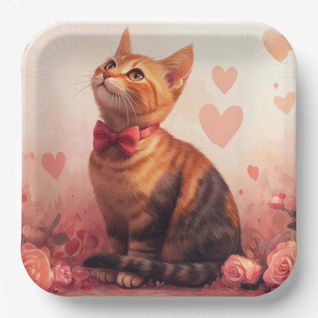 Abyssinian Cat with Roses - Valentine's Day  Paper Plate (Front)