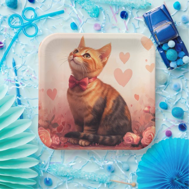 Abyssinian Cat with Roses - Valentine's Day Paper Plate (Party)