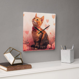 Abyssinian Cat with Roses - Valentine's Day Square Wall Clock