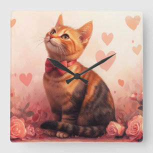 Abyssinian Cat with Roses - Valentine's Day Square Wall Clock