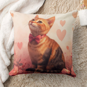 Abyssinian Cat with Roses - Valentine's Day Throw Pillow