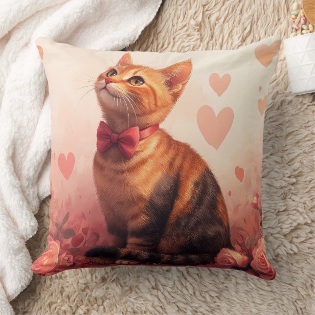 Abyssinian Cat with Roses - Valentine's Day Throw Pillow (Blanket)