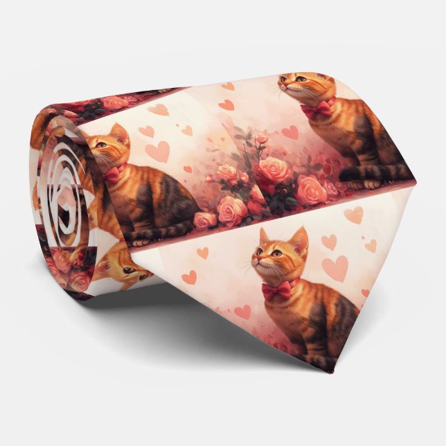 Abyssinian Cat with Roses - Valentine's Day  Tie (Rolled)
