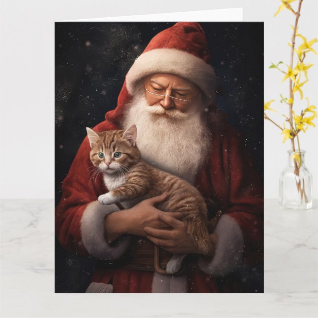Abyssinian Cat with Santa Claus Festive Christmas  Card (Yellow Flower)