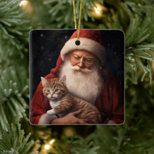 Abyssinian Cat with Santa Claus Festive Christmas  Ceramic Ornament