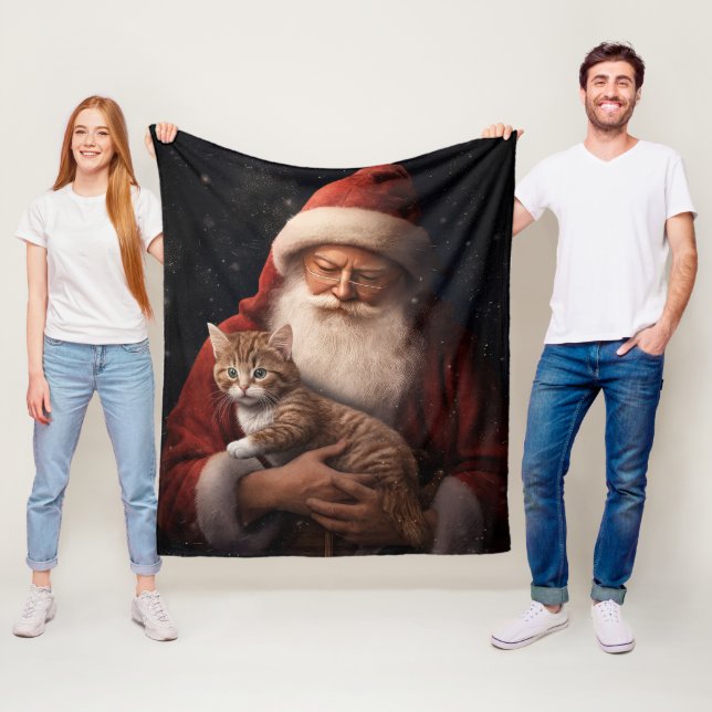 Abyssinian Cat with Santa Claus Festive Christmas  Fleece Blanket (In Situ)