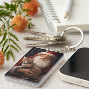 Abyssinian Cat with Santa Claus Festive Christmas Keychain