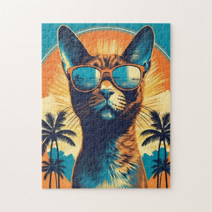 Abyssinian Cat with sunglasses at a tropical beach Jigsaw Puzzle