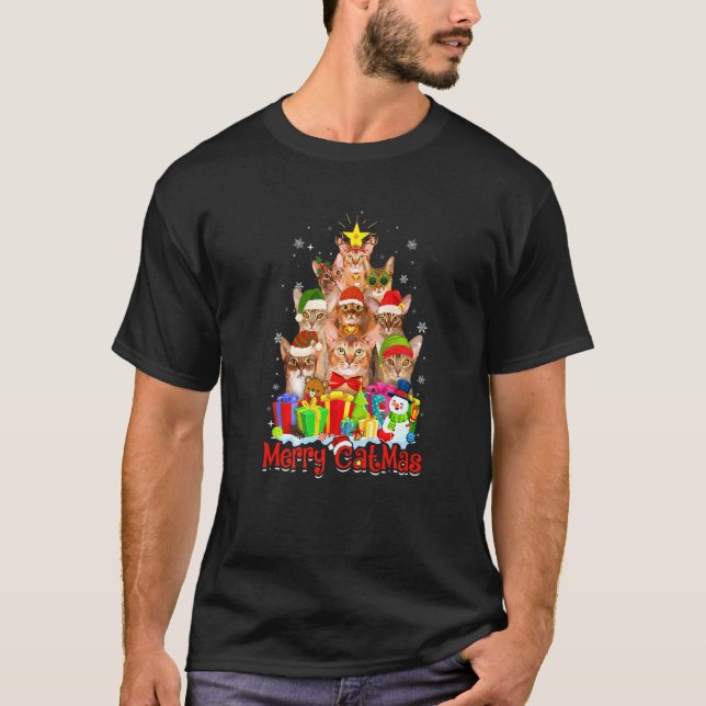 Abyssinian Cats Santa Hat Merry Catmas Cat T-Shirt (Front)