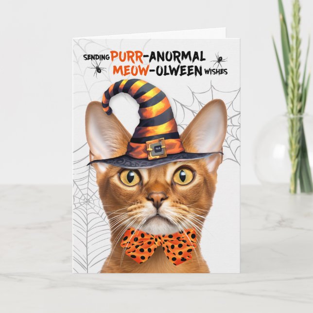Abyssinian Halloween Cat PURRanormal MEOWolween Holiday Card (Front)