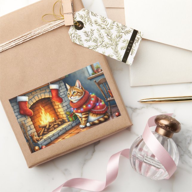 Abyssinian Sitting Fireplace with Christmas Lights Sticker (Gifting)