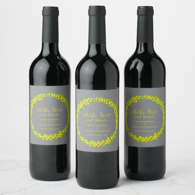 Acacia grey yellow flower watercolor wine labels (Bottles)
