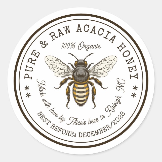 Acacia honey canning sticker with vintage bee (Front)