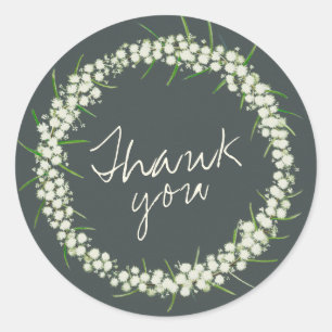 Acacia wattle wreath wedding thank you classic round sticker
