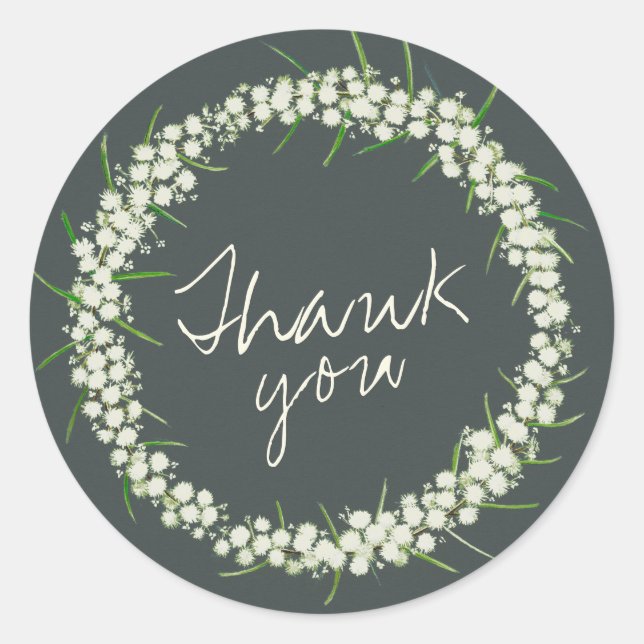Acacia wattle wreath wedding thank you classic round sticker (Front)