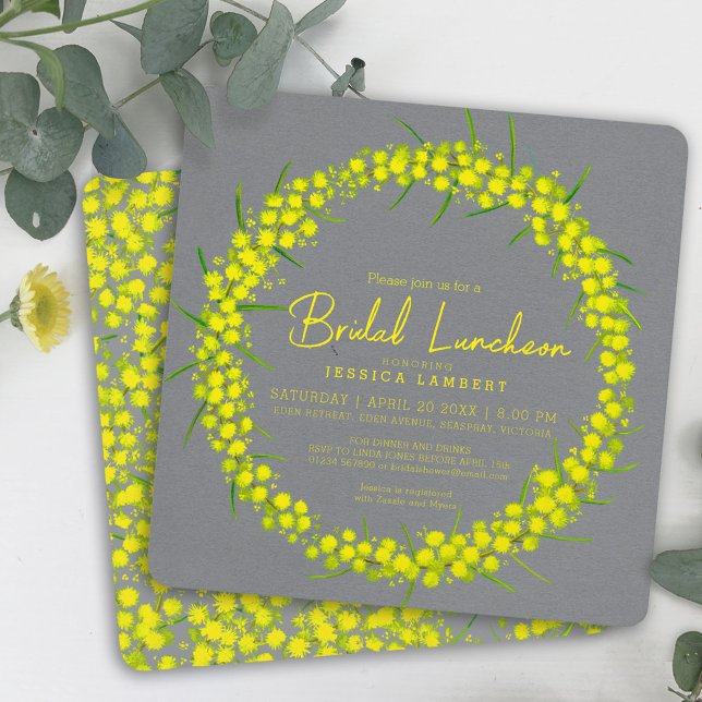 Acacia yellow grey art flowers Bridal Luncheon Invitation (Creator Uploaded)