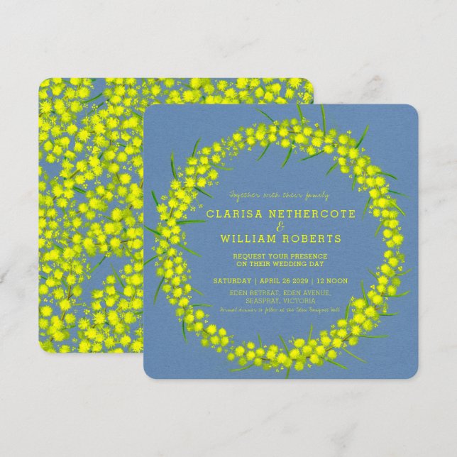Acacia yellow wattle floral art wedding invites (Front/Back)
