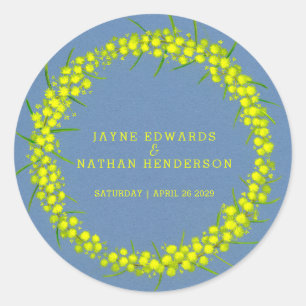 Acacia yellow wattle wreath wedding stickers