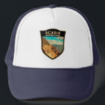 Acadia National Park Bar Harbour Watercolor Badge Trucker Hat<br><div class="desc">Acadia digital watercolor artwork design. Acadia National Park is primarily on Maine's Mount Desert Island. Its landscape is marked by woodland,  rocky beaches and glacier-scoured granite peaks such as Cadillac Mountain.</div>