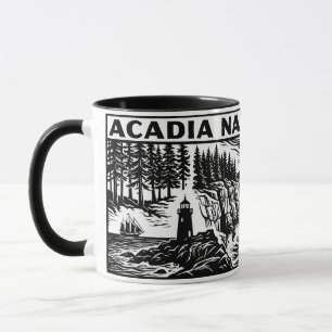Acadia National Park Black White Woodcut Linocut M Mug