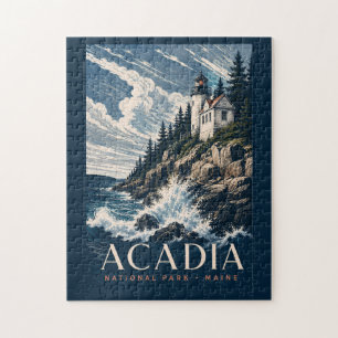 Acadia National Park Maine Modern Woodblock Travel Jigsaw Puzzle