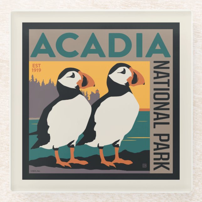 Acadia National Park, Maine | Puffins Glass Coaster (Front)