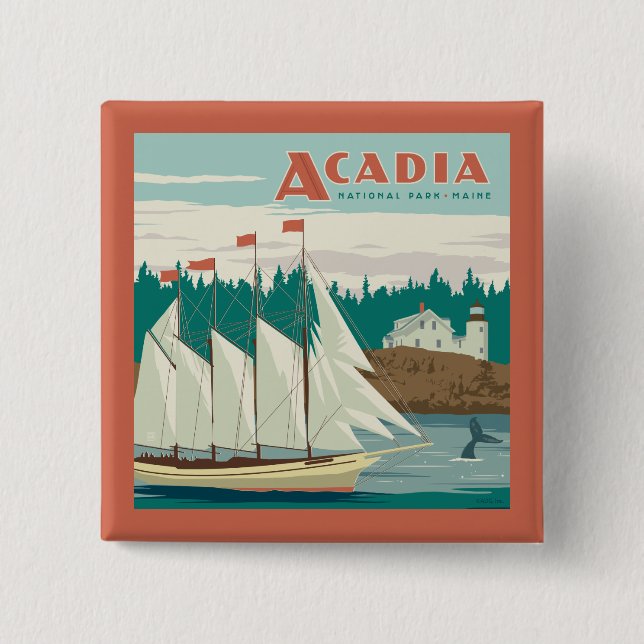 Acadia National Park, Maine | Sailboat & Whale 2 Inch Square Button (Front)