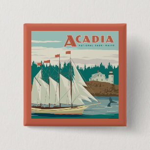 Acadia National Park, Maine   Sailboat & Whale 2 Inch Square Button