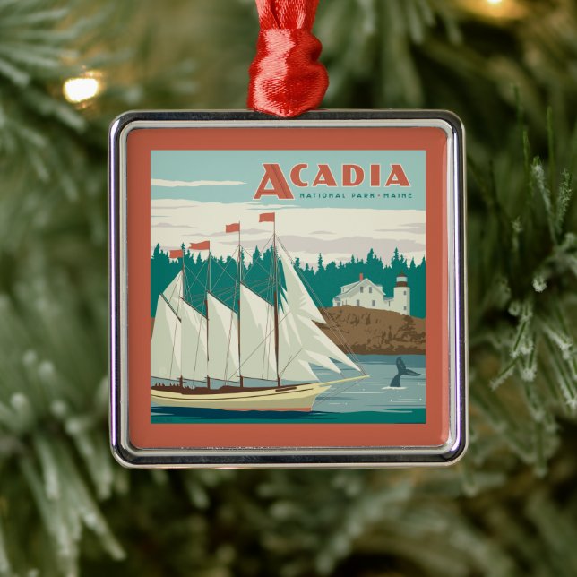 Acadia National Park, Maine | Sailboat & Whale Metal Ornament (Tree)