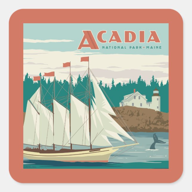 Acadia National Park, Maine | Sailboat & Whale Square Sticker (Front)