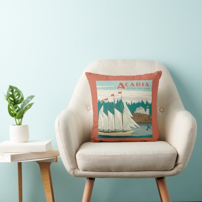 Acadia National Park, Maine | Sailboat & Whale Throw Pillow (Chair)