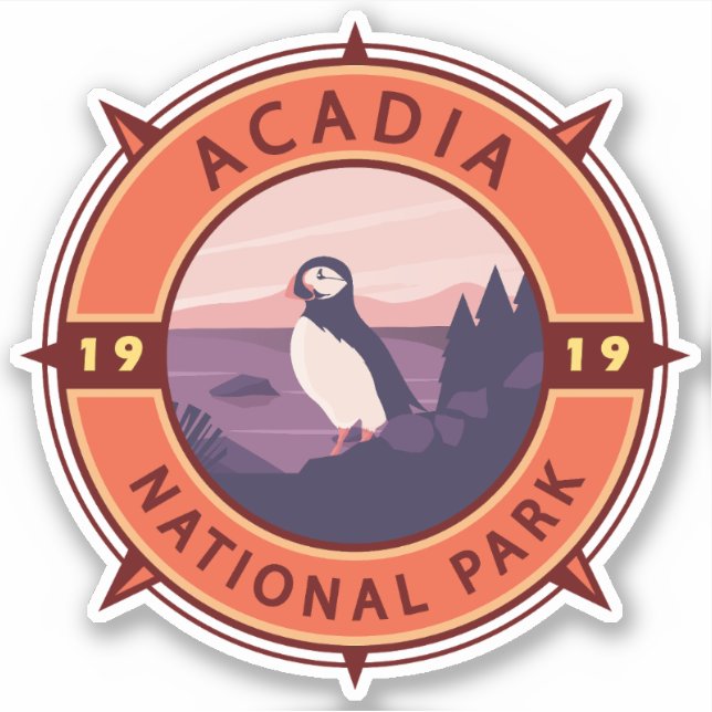 Acadia National Park Puffin Retro Compass Emblem (Front)