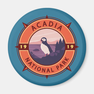 Acadia National Park Puffin Retro Compass Emblem Magnet