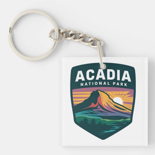 Acadia National Park Sunset Badge Illustration Keychain (Front)