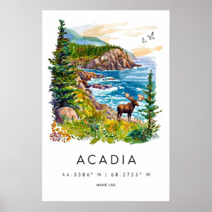 Acadia Watercolor Poster Vintage Park Travel Ski