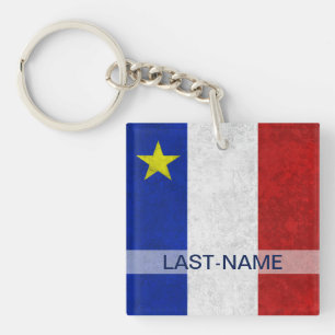 Acadian Flag Surname Distressed Grunge Personalize Keychain