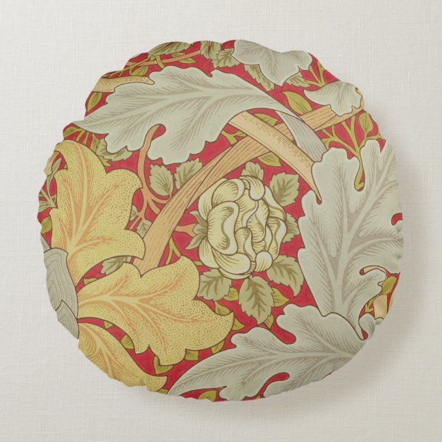 Acanthus leaves and wild rose on a crimson backgro round pillow (Front)